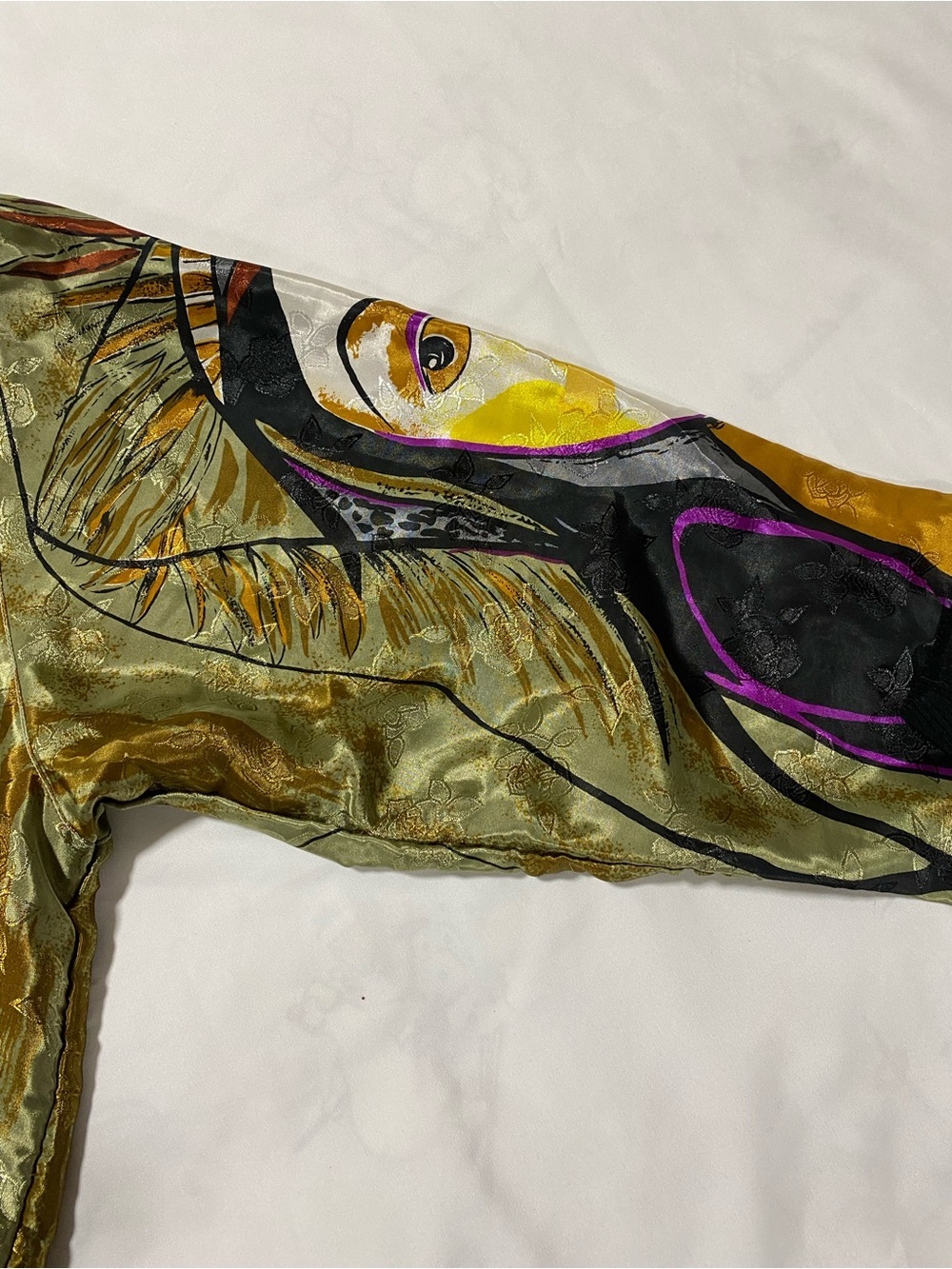 Artistic Abstract Face Print Bomber Jacket in Olive, Gold, Black - Picture 4 of 9